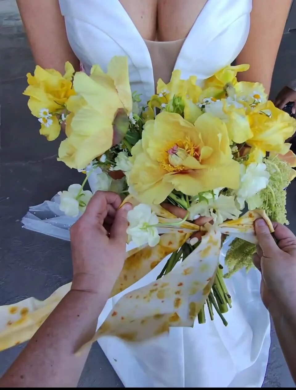 Editorial bridal bouquet with yellow peonies